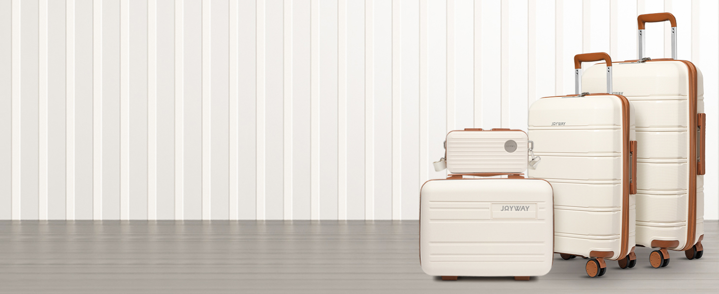 Набір валіз Joyway 5шт з жорстким корпусом, 4 колеса та TSA-замок. В комплекті: косметичка та сумка. Колір: білий/коричневий