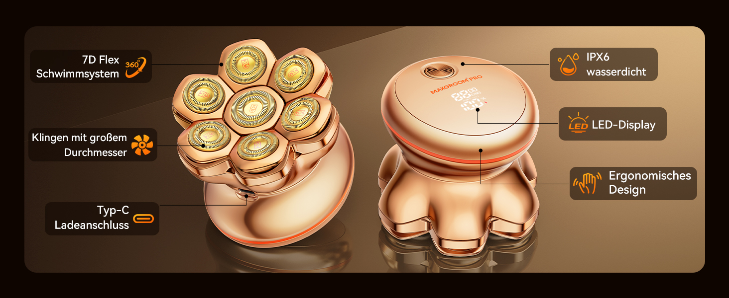 Професійний електричний стайлер для гоління голови 7D PRO Glatzen Rasierer для чоловіків. Водонепроникний (IPX6), з плаваючою головкою, акумулятор 1400mAh, швидкість 8800RPM, золота головка, USB-C, 0 мм