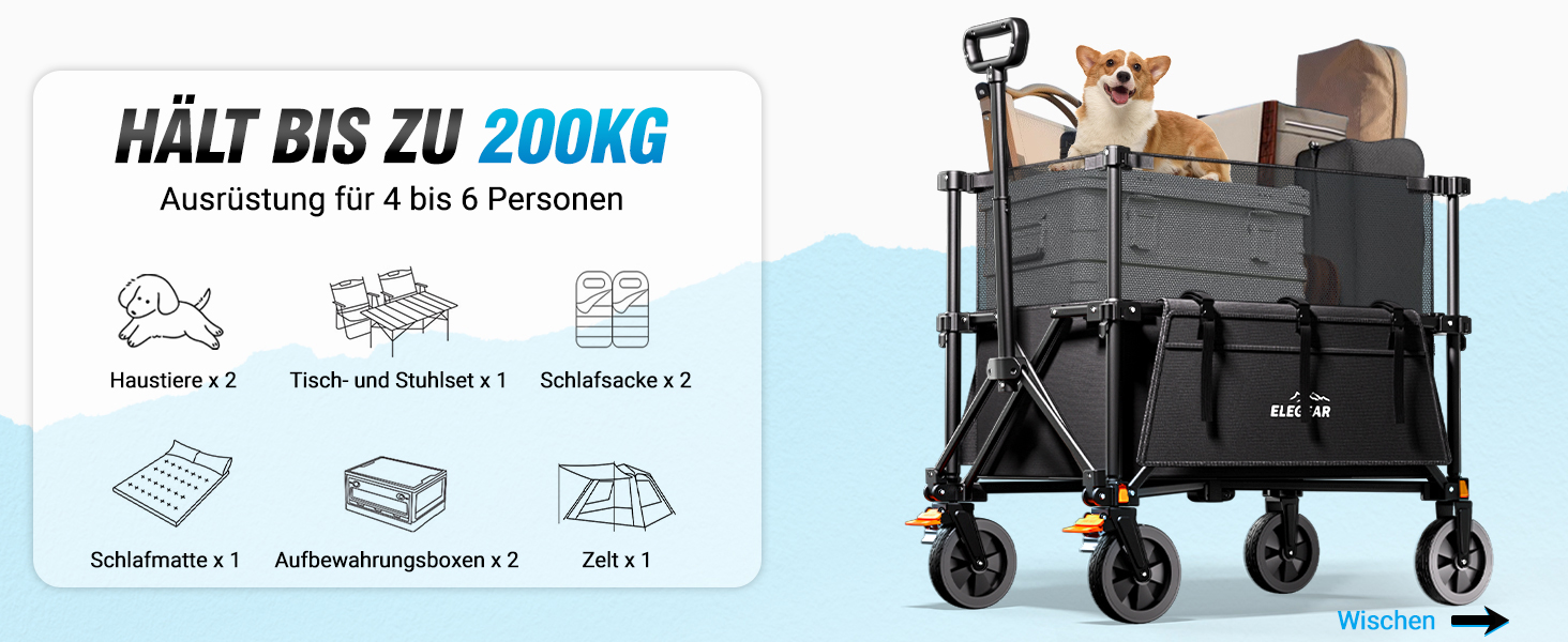 Візок-теліжка Elegear Bollerwagen 200л для пляжу, саду, кемпінгу з гальмами, 2 тримачі для напоїв, 2 бічні кишені, чорний