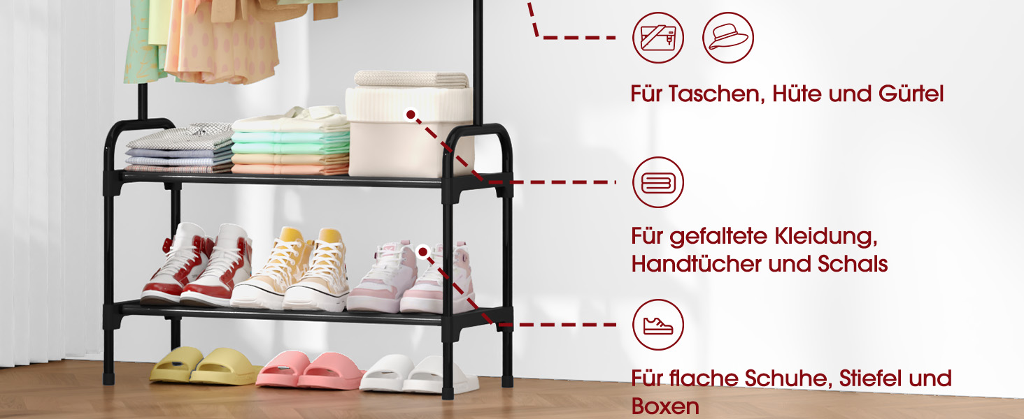 Стійка для одягу з полицею для взуття, чорна, 74 x 30 x 150 см