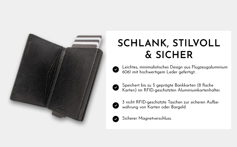 Гаманець чоловічий RFID Stealth Wallet з алюмінієвим каркасом та шкірою (чорний) - захист від сканування карт, мінімалістичний, з подарунковою коробкою