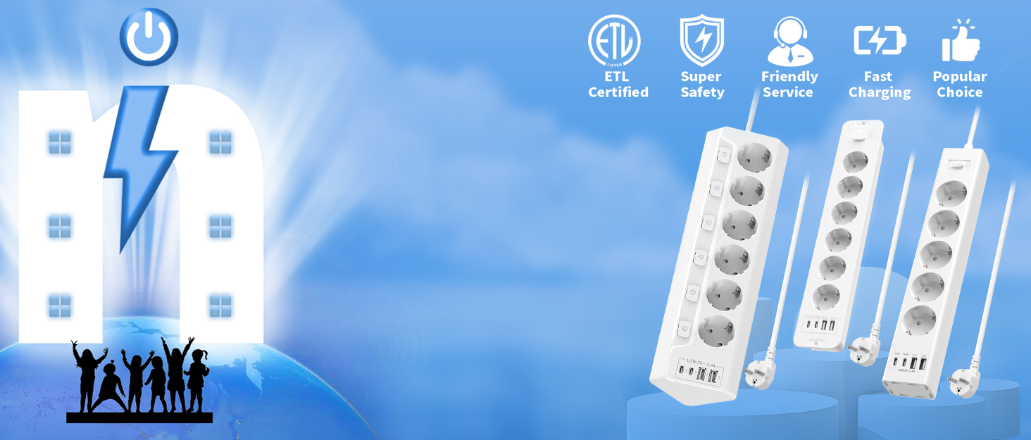 Мережевий фільтр з USB-C, 6 розеток, кабель 2м (4000W, 16A), розподільний блок для кухні/офісу, чорний