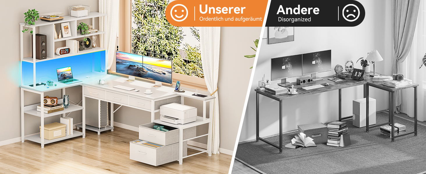 Комп'ютерний стіл Coleshome з 5 шухлядами та 4 полицями 180x100 см, L-подібний стіл з LED-підсвіткою, розетками та USB, великий стіл для home office, білий