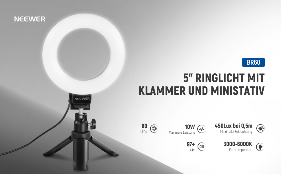 NEEWER Ring Light 5' з міні-штативом для відеоконференцій, стрімінгу та макіяжу. Комплект для монітора, веб-камери, ноутбука, смартфону. BR60