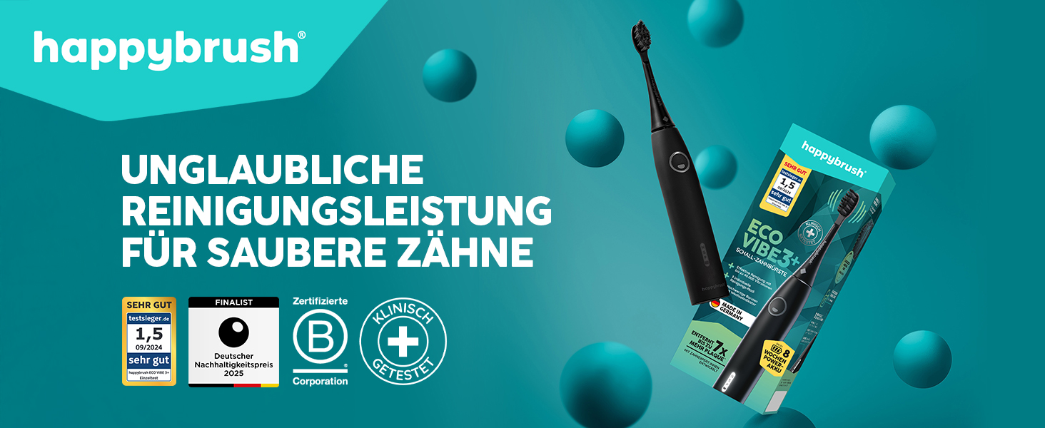 Електрична зубна щітка happybrush Eco Vibe 3+ (Чорна) - Ультразвукова, 8 тижнів роботи від акумулятора, 2 роки гарантії