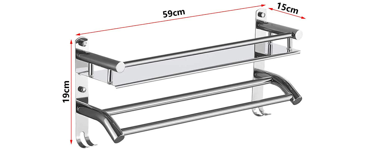 Тримач для рушників з полицею та гачками, хром, нержавіюча сталь, 59 см, для ванної кімнати, кухні, туалету