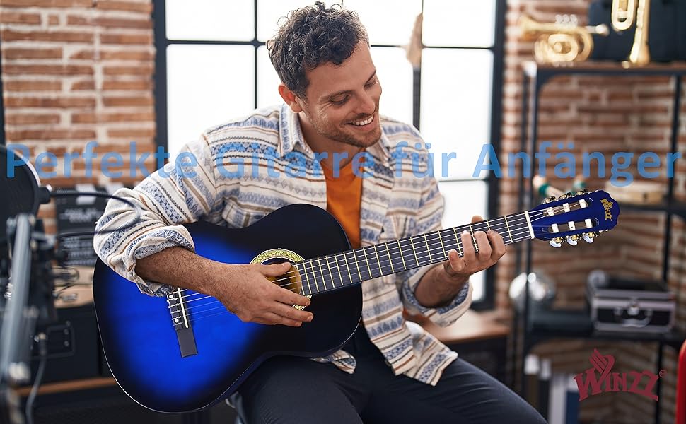 Класична гітара Winzz 4/4 для початківців - повний комплект, 39 дюймів, з нейлоновими струнами, блакитна