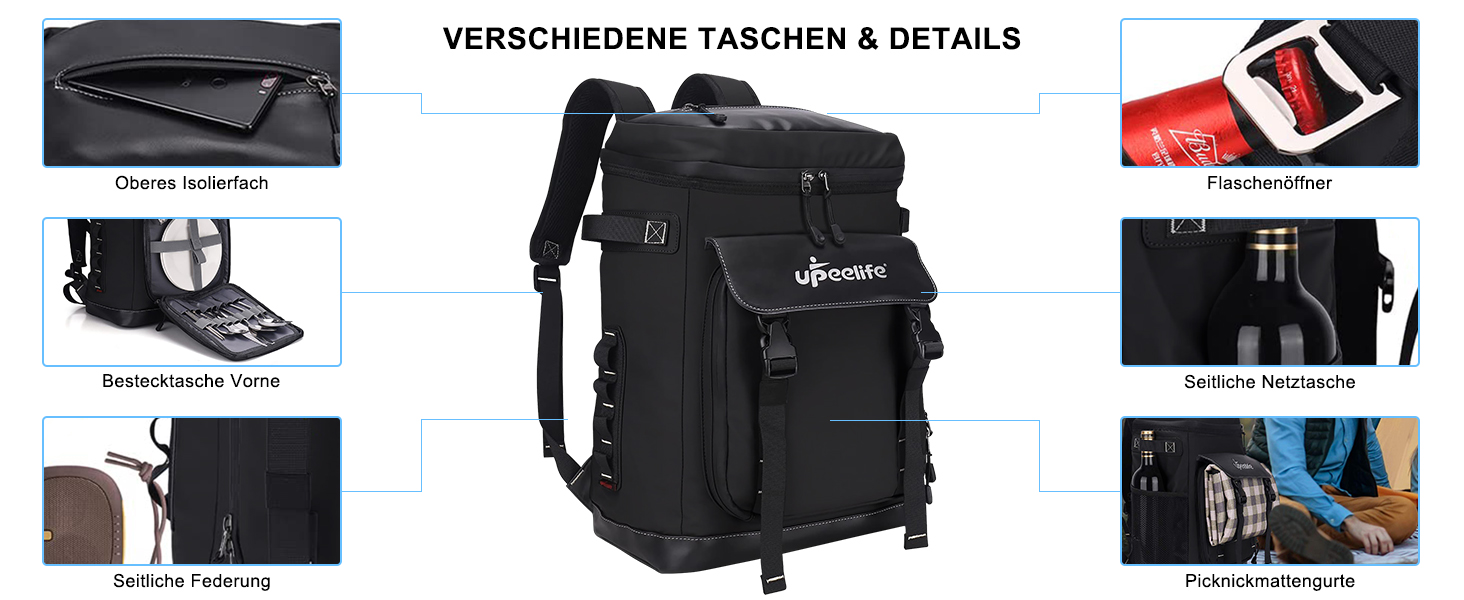 Рюкзак-холодильник Upeelife 30L з підкладкою для пікніка, чорний. Водонепроникний, для кемпінгу та пікніків