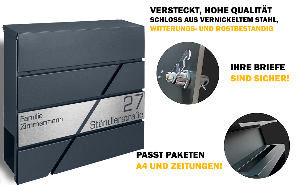 Поштовий ящик з газетницею антрацит, нержавіюча сталь, настінний, з замком та газетницею - лазерне гравіювання