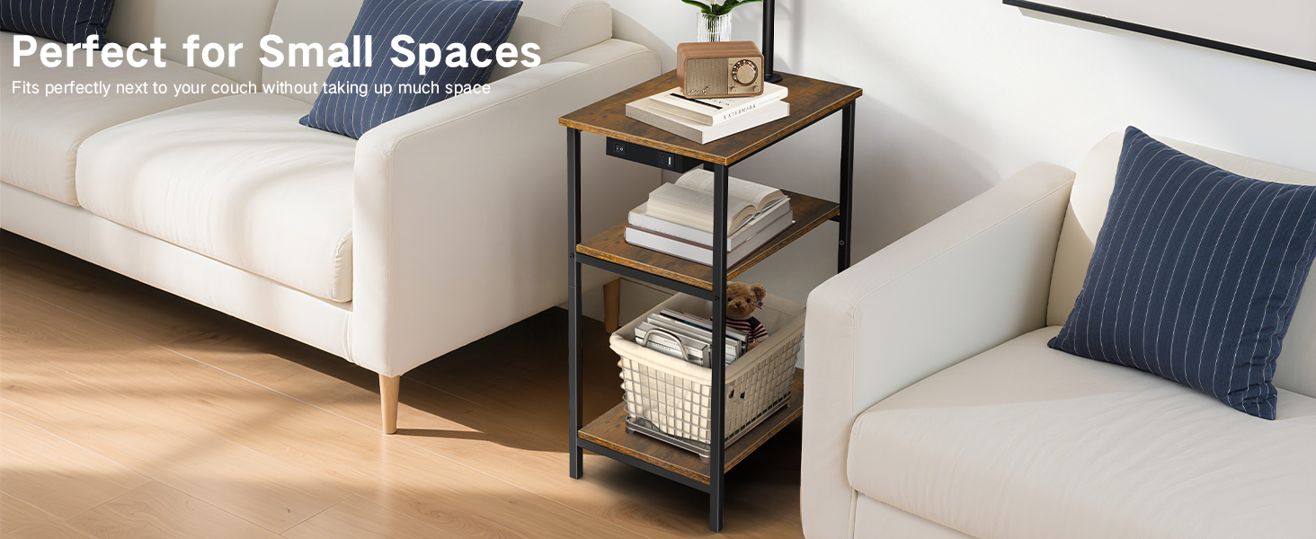 Стійка лампа для вітальні з поличкою та столом, регульована LED лампа з пультом, 3 колірні температури, приліжний столик з функцією зарядки та полицею, дерев'яний столик для спальні, офісу, коричневий в стилі рустік