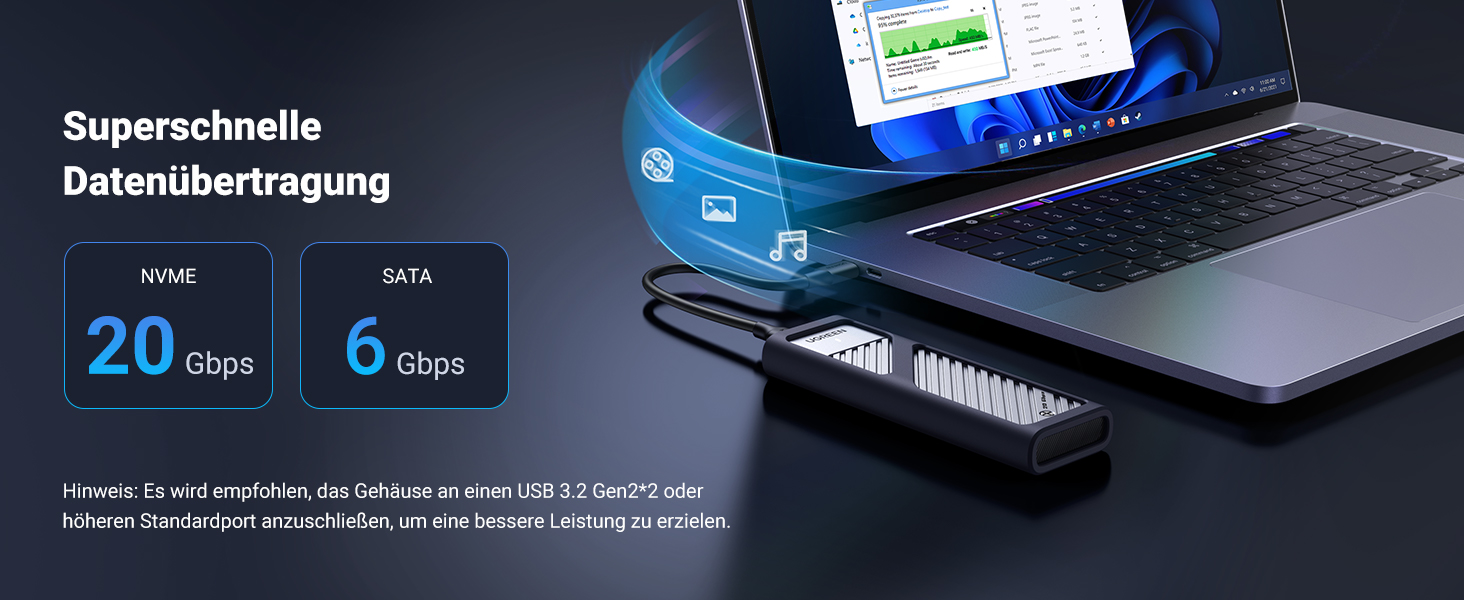Зовнішній корпус для SSD UGREEN NVMe/SATA M.2 USB-C 3.2 Gen 2x2 20Gbps з кабелем Type-C