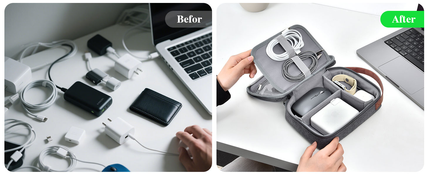 Органайзер для кабелів WIWU з ручкою, велика місткість, чорний. Для аксесуарів, техніки, зарядних пристроїв, повербанків, жорстких дисків. Регульовані перегородки, портативний, для подорожей, офісу, школи.