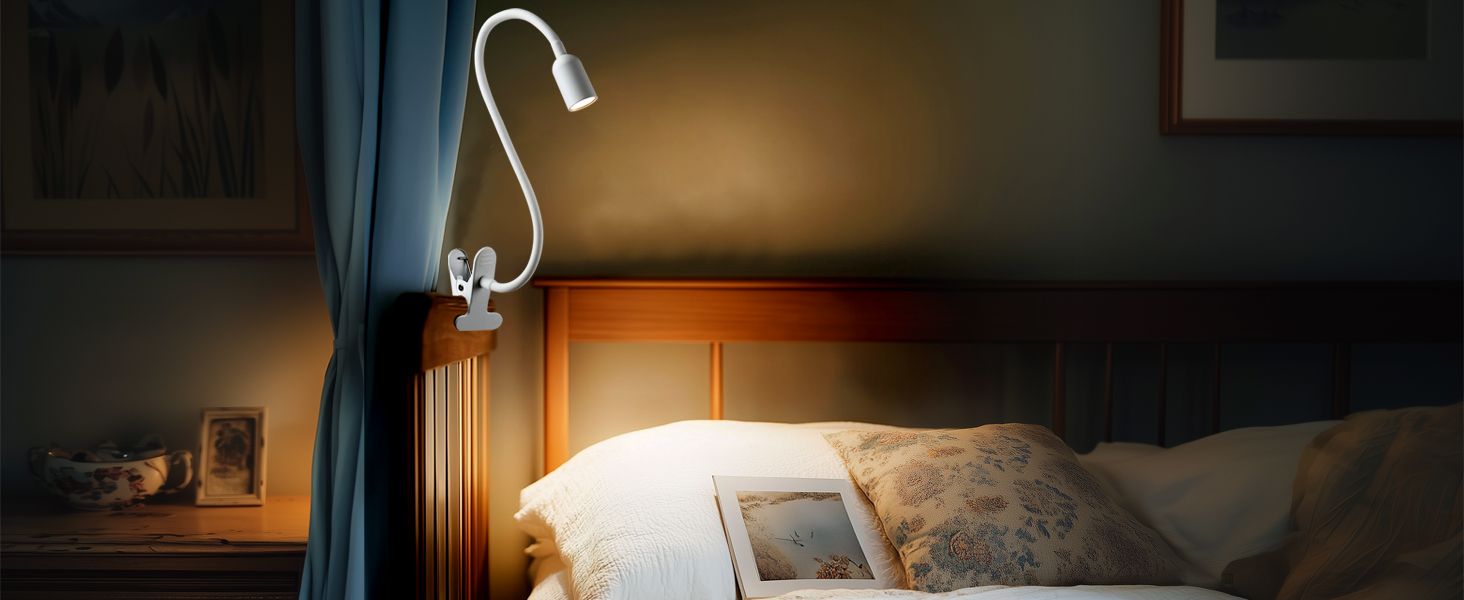 LED Лампа для читання на ліжко з кліпсою da LIGHT, диммер, 3 режими, USB, для навчання, роботи (біла)