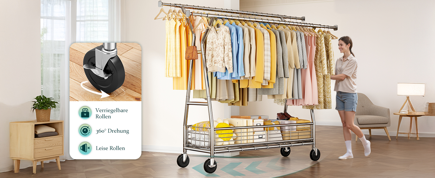 Підвісна шафа для одягу на коліщатках з подвійною перекладиною та сітчастим кошиком, 200 кг, великий об'єм для зберігання одягу та аксесуарів