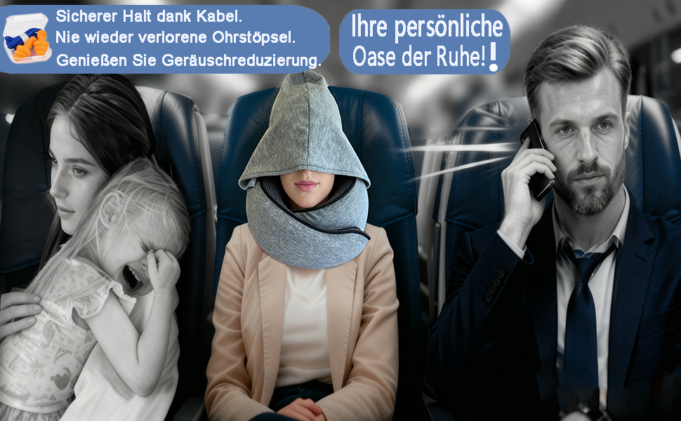 Подушка для шиї з регульованою капюшоном та 360° підтримкою шиї | Ергономічна подушка з піною з пам'яті для подорожей (літак, авто) | З чохлом та берушами | Дихаюча та пральна (темно-сіра)