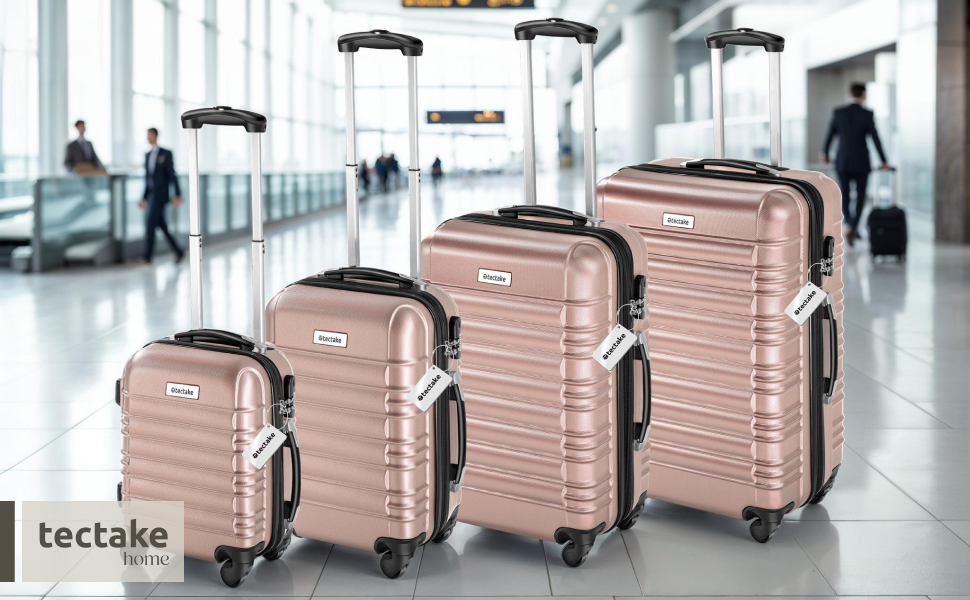 Набір валіз Tectake® 4 шт. з ABS-пластику, рожевого кольору, з колесами, телескопічним ручками та замками, включає ваговою та аксесуарами для валіз (S-M-L-XL)