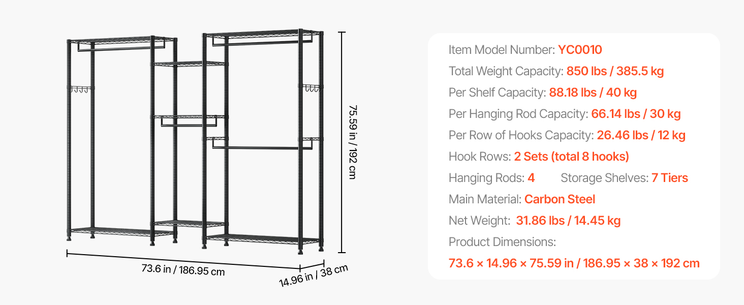 Стійка для одягу VEVOR з 4 перекладинами, 7 полицями та 8 гачками – міцна конструкція (385,5 кг) для спальні, магазину одягу, прихожої