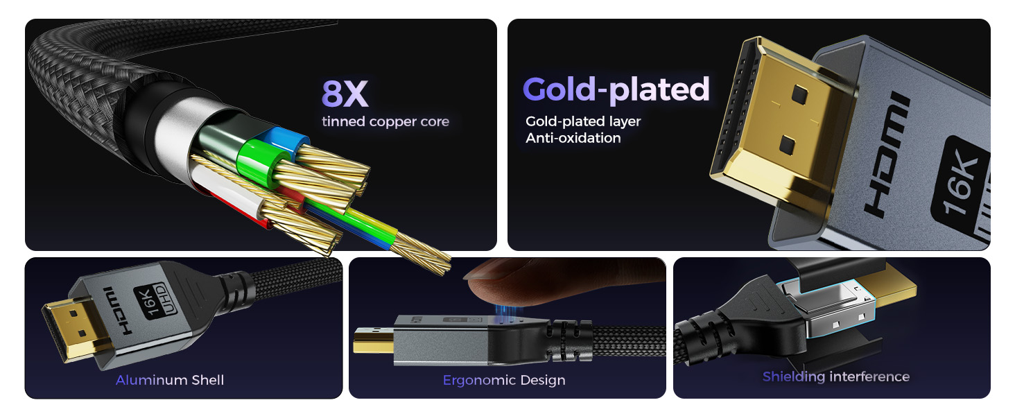 HDMI 2.1 Кабель 1м, 16K HDMI, 96Gbit/s, Підтримка 16K 60Hz, 8K 60Hz, 4K 240Hz, сумісний з PS5/4, Fire TV, ноутбук, ПК