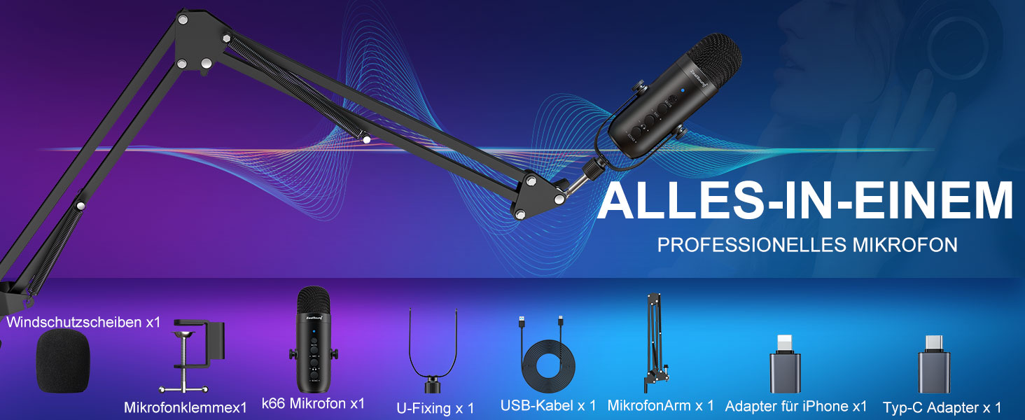 Zealsound USB мікрофон для подкастів та вокалу з шумозаглушенням (чорний) для ПК, телефону, YouTube, PS5, iPhone, Mac. З підставкою-держателем та адаптерами.