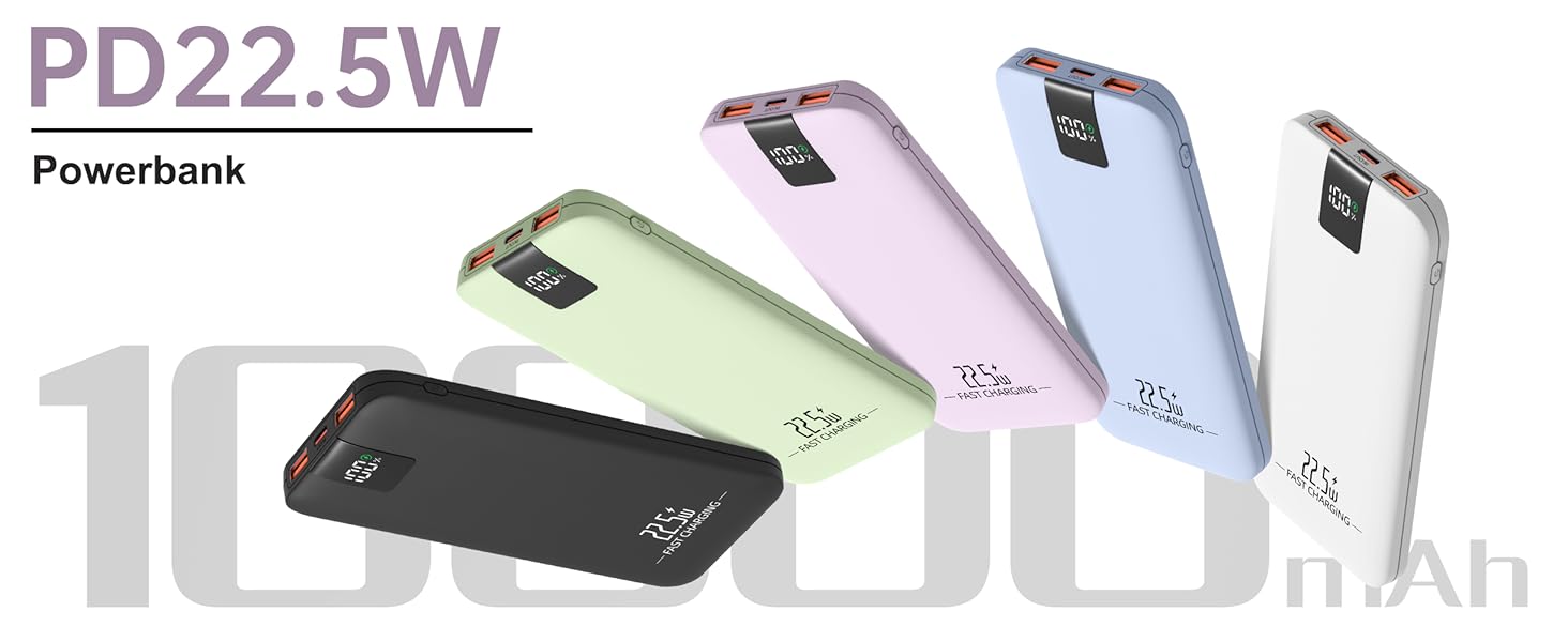 Powerbank 10000mAh 22.5W з LCD-дисплеєм, 3 виходи та 2 входи, USB C, фіолетовий