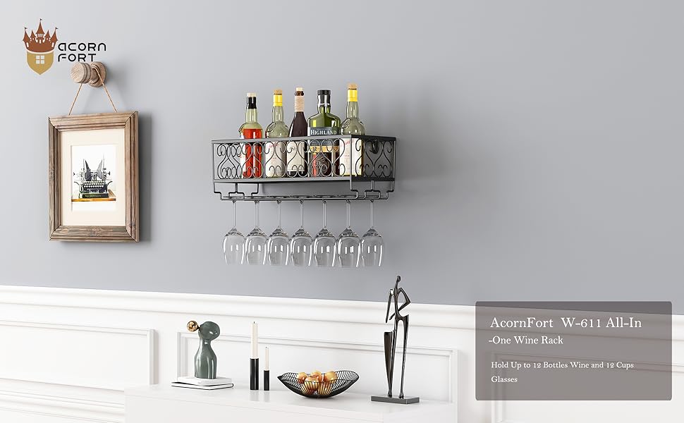 Стійка для винних та келих AcornFort® W-612 Metall – 18 пляшок та 18 келихів (50 x 20 см, Чорний)