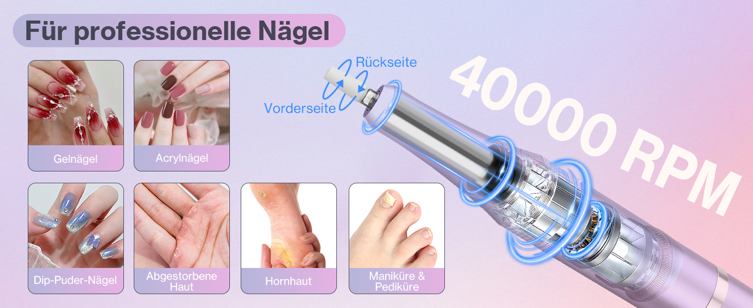 Електрична нігтьова фрезерна машинка для манікюру та педикюру, 40000 об/хв, LCD дисплей, професійний набір, фіолетовий