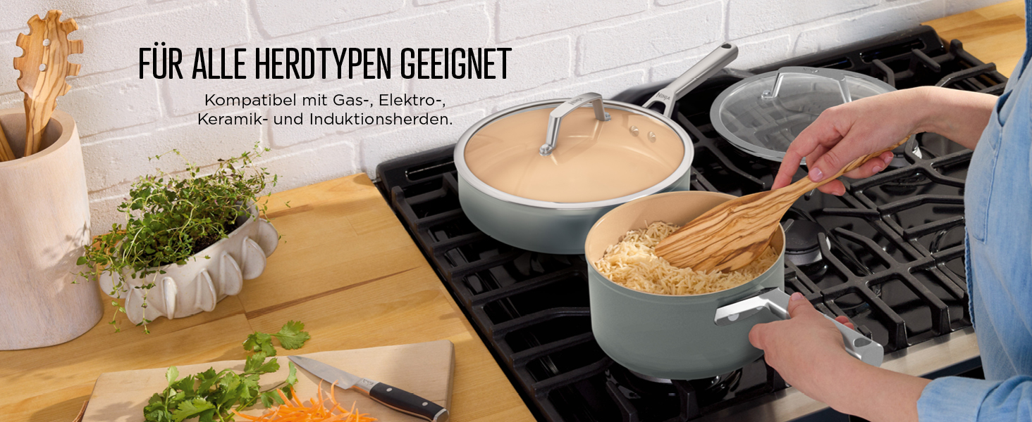 Ninja Extended Life Ceramic Cookware Set - 5 Piece (20 & 24 inch Saute Pans + 16, 18 & 20 inch Pots with Lids), Non-Stick (PFOA, PFOS Free), Oven Safe, Grey & Terracotta
