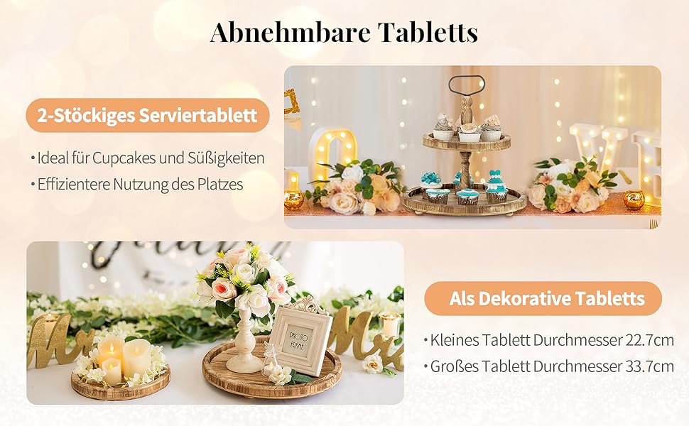 Двоярусна підставка для тортів NUPTIO з дерева, дерев'яна підставка для чаювання, рустикальна підставка для тортів у стилі ферми, солодкий стійкий стійка з металевою ручкою для весілля, дня народження, Різдва, Хелловіна, вечірки, світло-коричнева