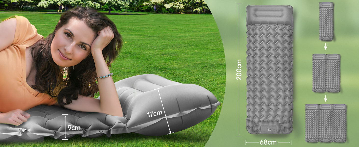 Каремат туристичний надувний Isomatte 9 см, 200x68 см, з подушкою, водонепроникний - для кемпінгу, походів, пляжу (Сірий)