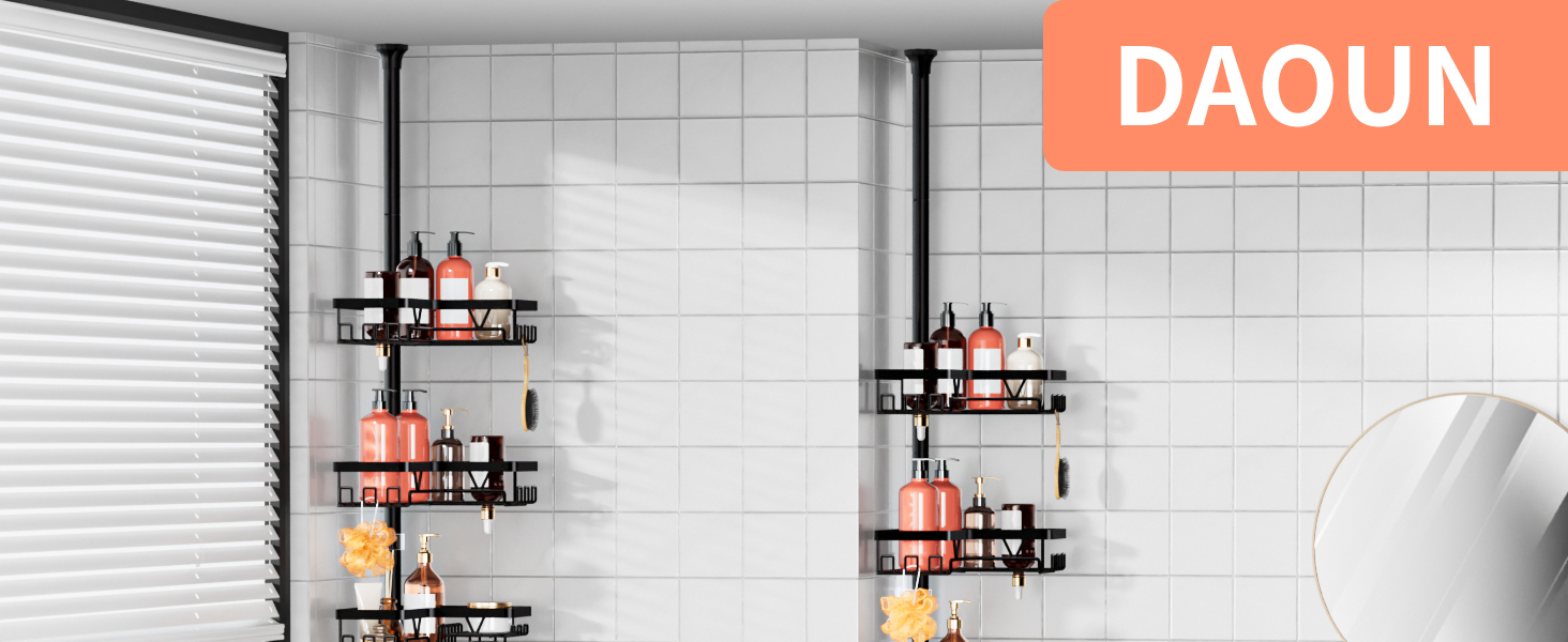 Телескопічна полиця для душу без свердління з тримачем для зубних щіток, органайзер у ванну кімнату з 4 кошиками та гачками, чорна (25-114 дюймів)