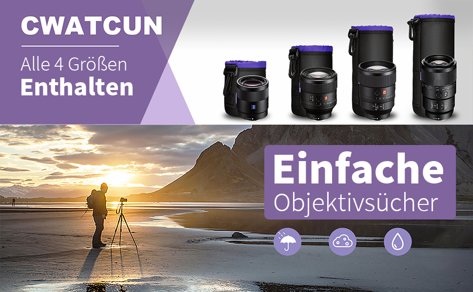 Набір чохлів для об'єктивів Cwatcun з неопрену (4 шт.) - для Canon, Nikon, Sony, Pentax, Panasonic, Fuji, Tamron, Sigma