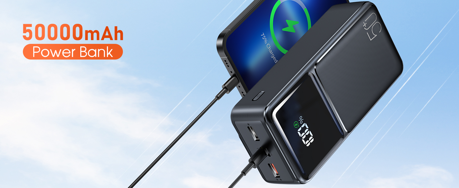 Power Bank 50000mAh з кабелем, швидка зарядка USB-C PD20W/QC22.5W, LED-індикатор, 2 входи/5 виходів, для телефонів, планшетів, подорожей, кемпінгу - Чорний
