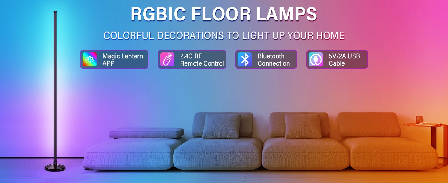 LED торшер для вітальні 145 см RGB, диммування, керування пультом/APP, 16 млн кольорів, 300 режимів, музичний режим, DIY, чорний