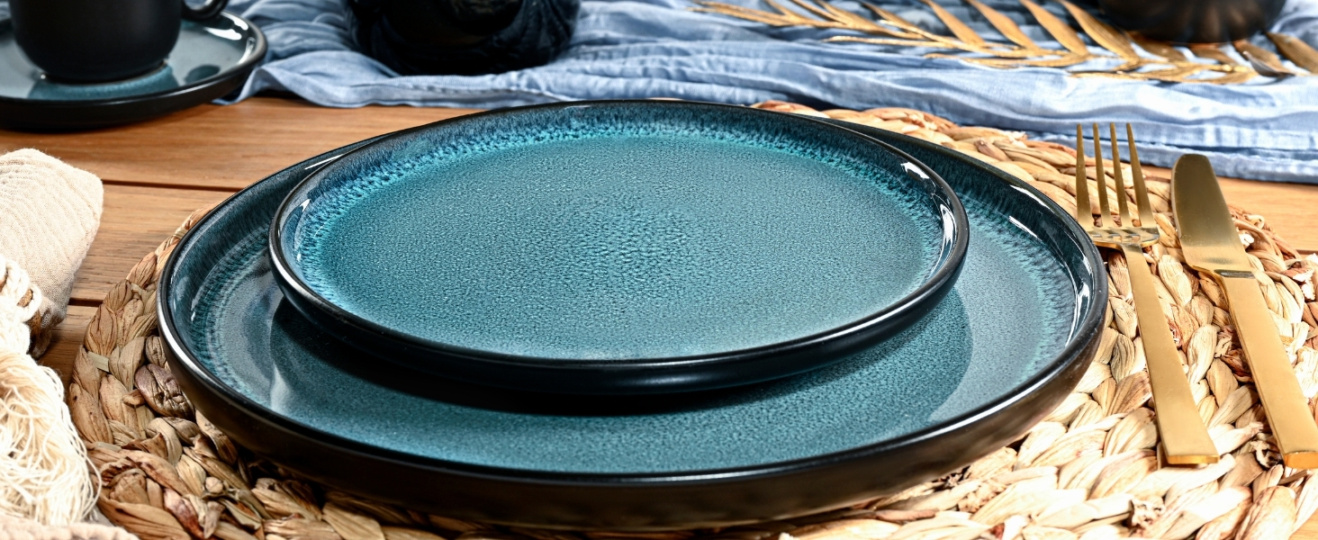 Набір посуду SÄNGER Vigo (18 предметів) | Керамічний набір посуду на 6 осіб | Тарілки, миски, десертні тарілки | Bluе з чорним бордюром, стійкий до подряпин