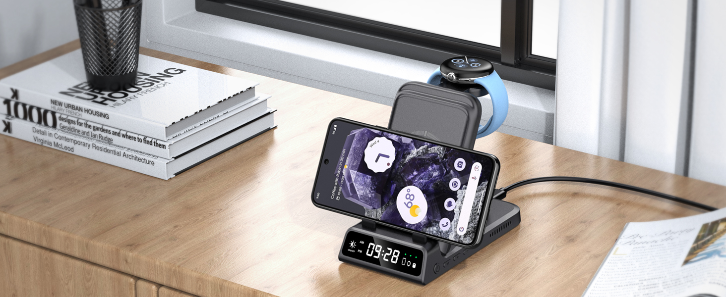 Бездротова зарядна станція 3-в-1 для Google Pixel Watch 3/2, Fitbit Versa 4/3, Sense 2/1, Samsung Galaxy S26 Ultra, iPhone 17 та Pixel Buds Pro 2 - SwanScout 703G2 (Чорний)