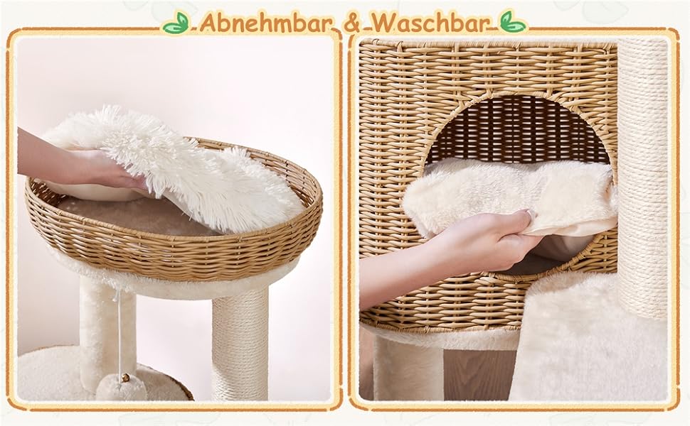 Дерево для котів Yaheetech з ротангу, 91 см, для великих котів до 10 кг, з печерею та платформами, бежевий