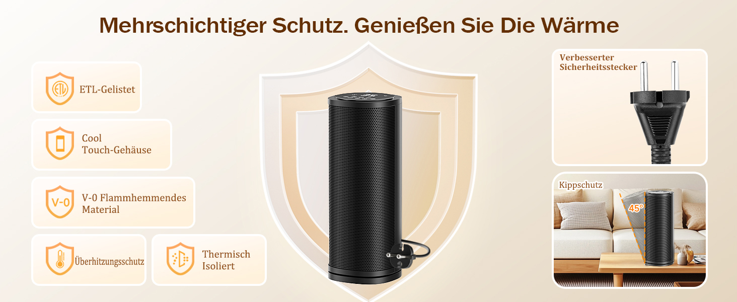 Електричний обігрівач 1800W з пультом керування, 41 см, PTC керамічний, тихий, 70° осциляція, таймер 12h, захист від перегріву, для спальні, дому, чорний