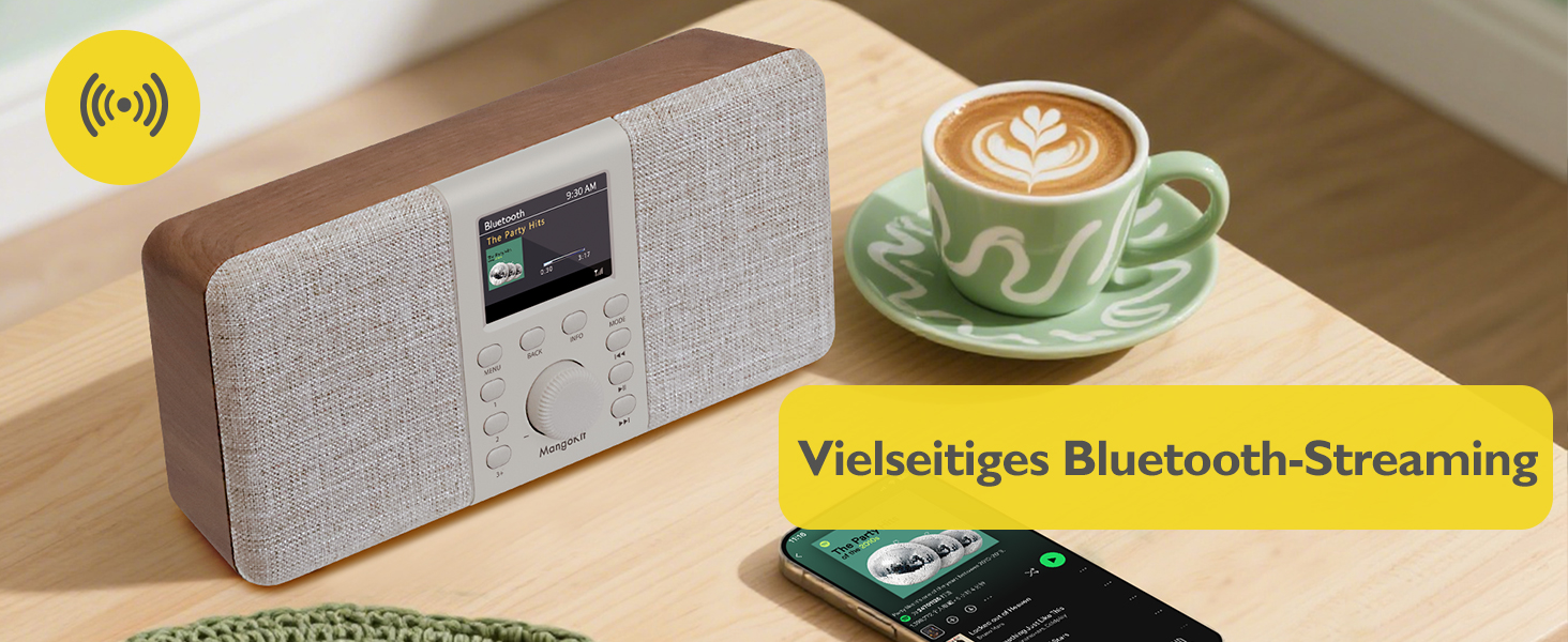 MD5 Стерео Радіо DAB з Bluetooth 5.3 та 2.4' дисплеєм, Портативне цифрове радіо UKW, Стереозвук 2.0, 40 місць пам'яті, Будильник, Повторний будильник та режим сну, USB-C живлення (мережа або батарея) (Волоський горіх)