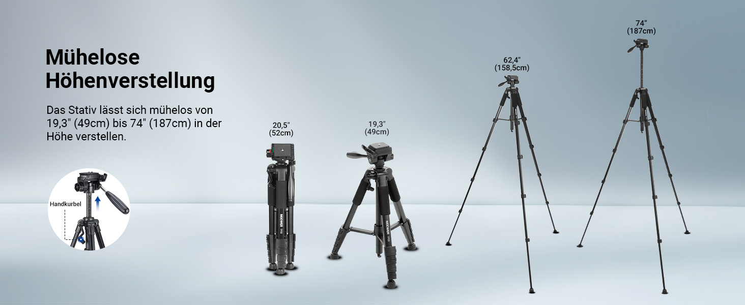 Полегшений алюмінієвий штатив для камери та смартфона NEEWER Basics TP56, професійний компактний трипод для подорожей з 3-позиційною нахильною головкою, висота 188 см