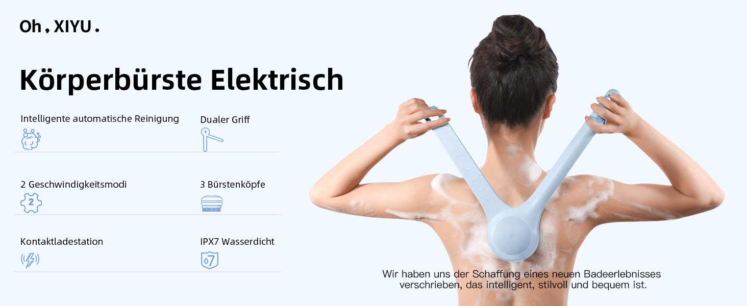 Електрична щітка для спини, м'яка ексфоліація, перезаряджається, довга ручка для душу, допомога у нанесенні крему на спину для жінок, чоловіків, людей похилого віку, глибоке очищення для всіх типів шкіри, хороша піна - Рожева (Небесно-блакитна)