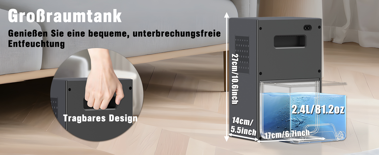 Електричний осушувач повітря Tipkook 2400 мл з автоматичним відтаненням, 10 кольорових світлодіодів, таймером 8/12/24 год, портативний для ванної, спальні, кухні, шафи, срільно-сірий