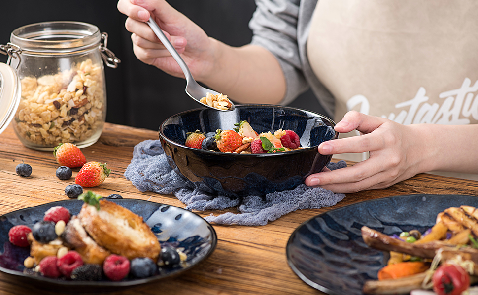 Набір тарілок для мюслі Vicrays (6 шт.) з порцеляни, об'єм 940 мл, набір тарілок та мисок, салатник з кераміки, супові тарілки, підходить для мікрохвильової печі та посудомийної машини (Зоряно-блакитний)