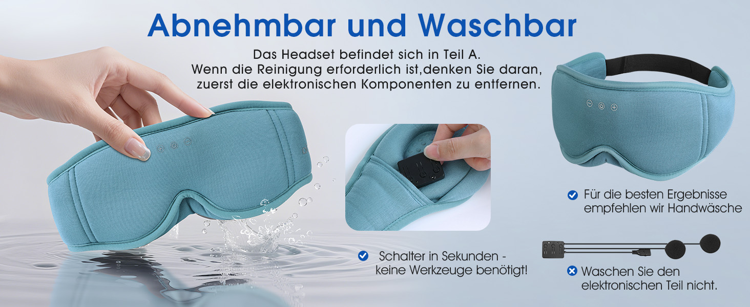 Маска для сну з навушниками Bluetooth Dolida, 3D бамбукова маска для очей з мікрофоном для жінок та чоловіків, зручна для сну на боці (Сіро-блакитна)