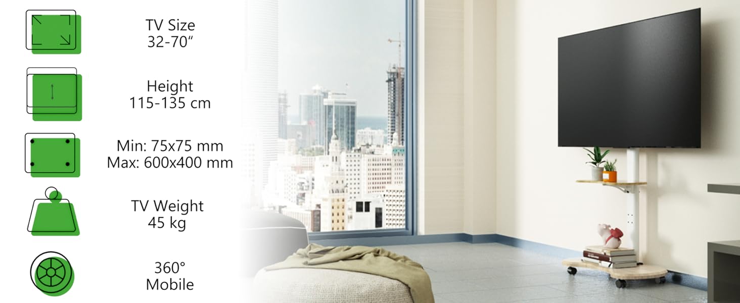 Підставка для телевізора Stellar на коліщатках з полицею, біла. Регульована висота, поворотна. Для телевізорів 32-70 дюймів, до 45 кг, VESA до 600x400