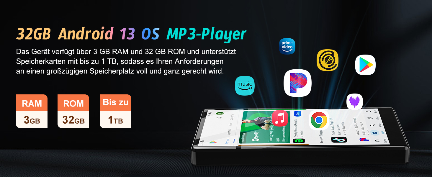 MP3 плеєр на Android 13 з 5-дюймовим HD екраном, 96 ГБ пам'яті, Bluetooth, WiFi, підтримка Spotify та Play Store, MP4 плеєр 1080P