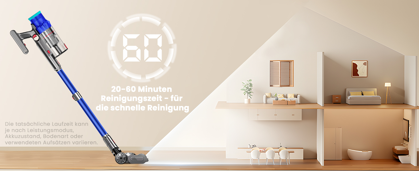 PINICO Бездротовий акумуляторний пилосос 550W з автоматичним режимом та щіткою Anti-Tangle, для твердих підлог, килимів та шерсті тварин (Blue+grey)