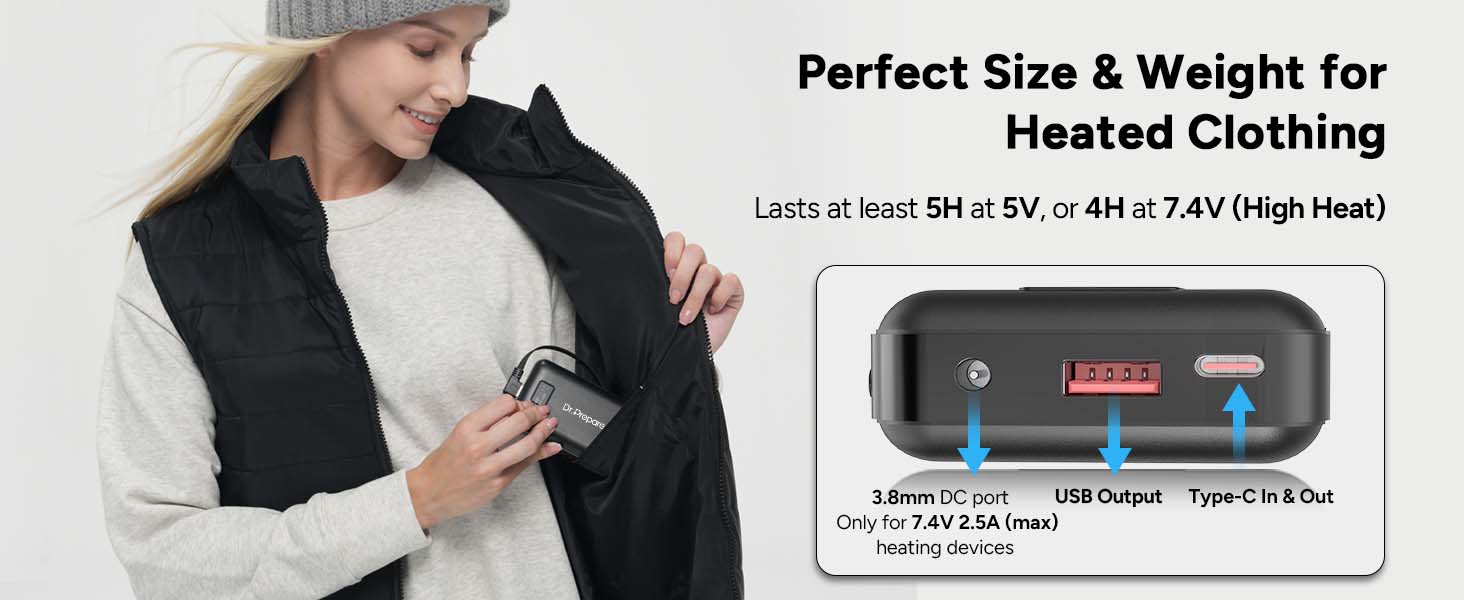 Powerbank Dr.Prepare 16000 mAh: заряд для обігрівальної жилетки, телефону, планшета, маски для очей, вентилятора. 3 виходи: USB, Type-C (In/Out), DC 5V/7.4V