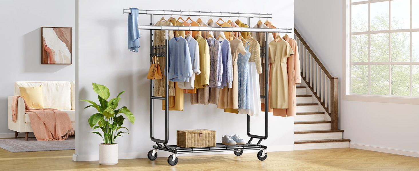 Стійка для одягу на колесах FAVOOOSTY, металева, мобільна, до 200 кг, чорна, 2 стяжки