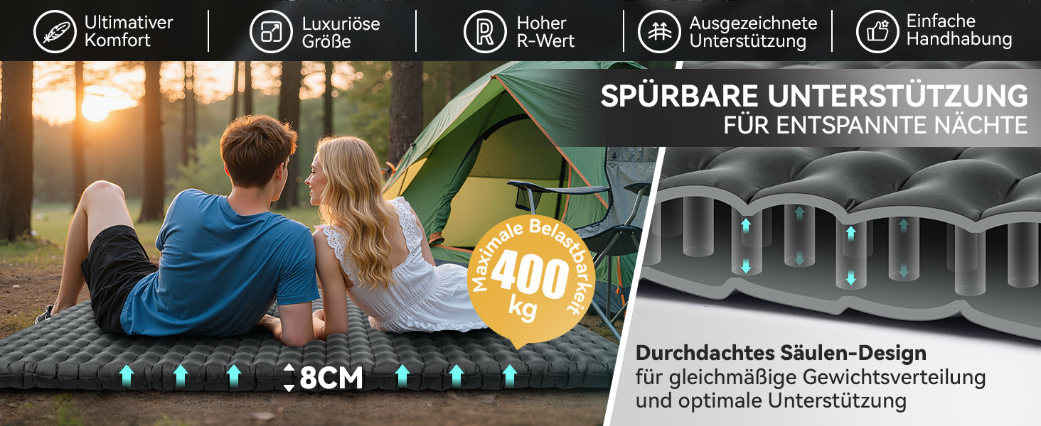 Каремат туристичний HIKENTURE 6.2 R-Wert для 2 осіб, 8 см, надувний, 140x200 см, для 4 сезонів, для кемпінгу, трекінгу, намету, пляжу