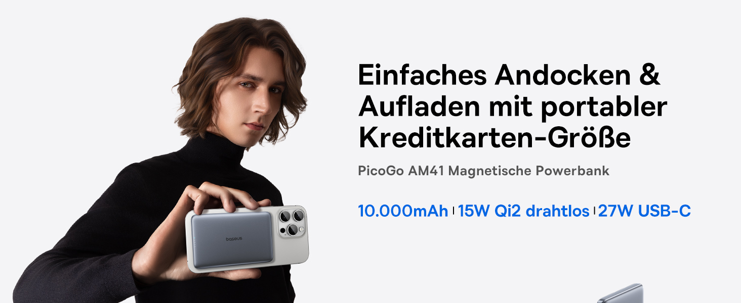 Power Bank Baseus Picogo AM41: 10000mAh, Qi2 Magsafe, 27W PD, бездротова зарядка 15W, USB-C, для iPhone 17/16/15/14/13/12, Space Gray